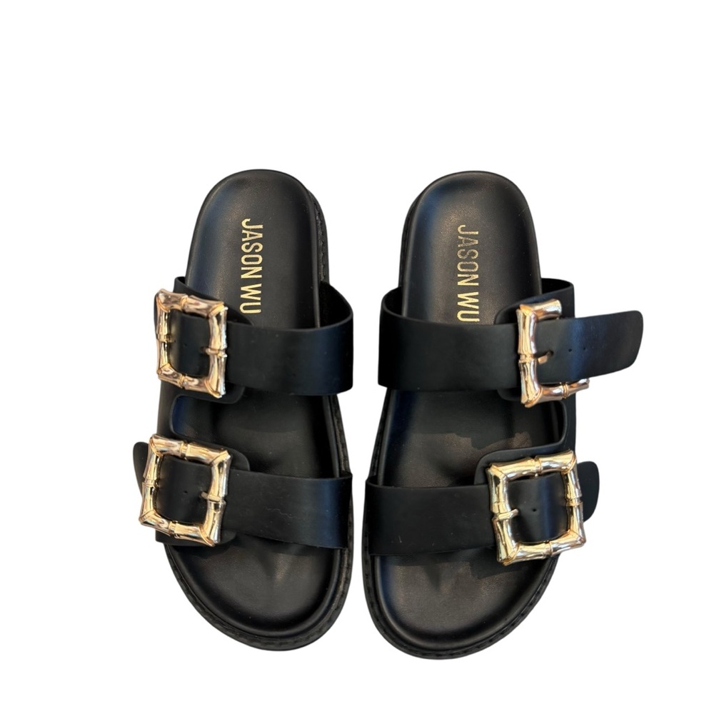 Jason Wu Black & Gold Marzan Slide Sandals with Gold Buckles - Picture 2 of 15